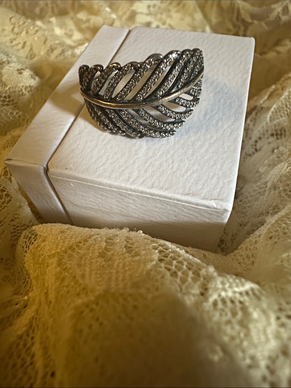 Pandora Black Oxidized Leaf Ring with Crystal Accents